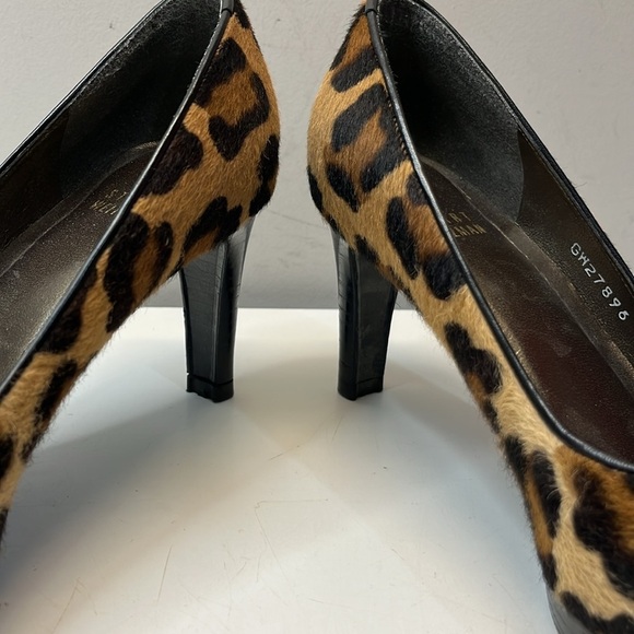 Stuart Weitzman Platform Leather Leopard Print Peep Toe Heels, size 7 - Picture 7 of 14